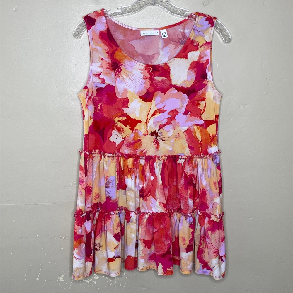 SUSAN GRAVER Printed Liquid Knit Sleeveless Scoop Neck Tiered Tunic Top XS